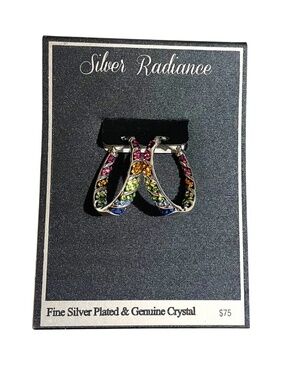 NWT Fine Silver Plated & Genuine Crystal Hoop Earrings #0072